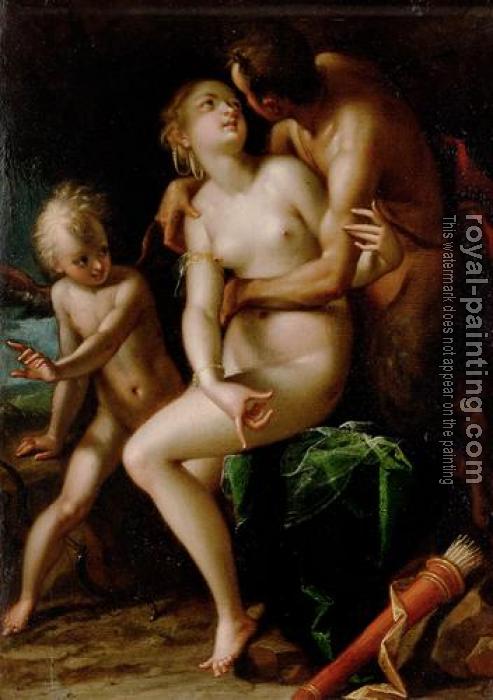 Hans Von Aachen : Venus cupid and a satyr